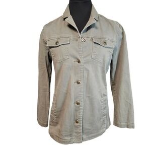 VTG Real Comfort Women's olive Denim Jacket Utility Button Front Pockets Size M